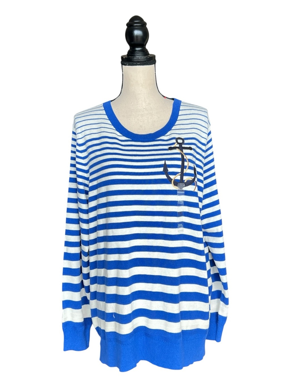 Tommy Hilfiger Blue & Whitey Striped Anchor Crewneck Sweater Size XXL